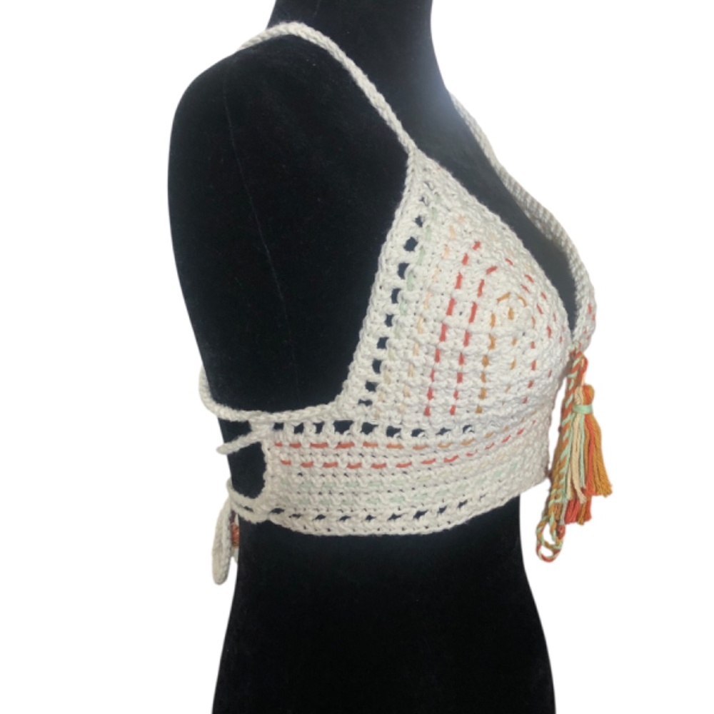Handmade Crochet Crop Top – Bohemian Juneteenth Festival Bralette w/Tassels - Picture 5 of 16